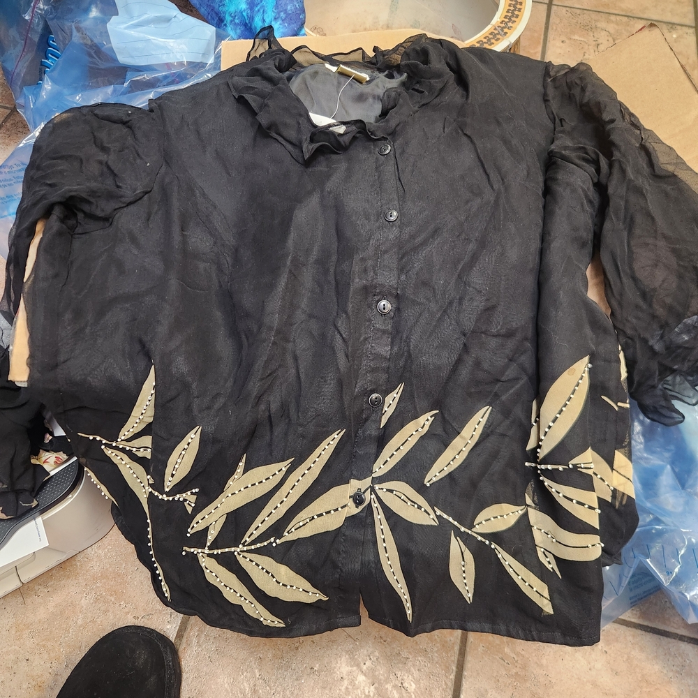 Ice Black Blouse with Gold Leaf Design